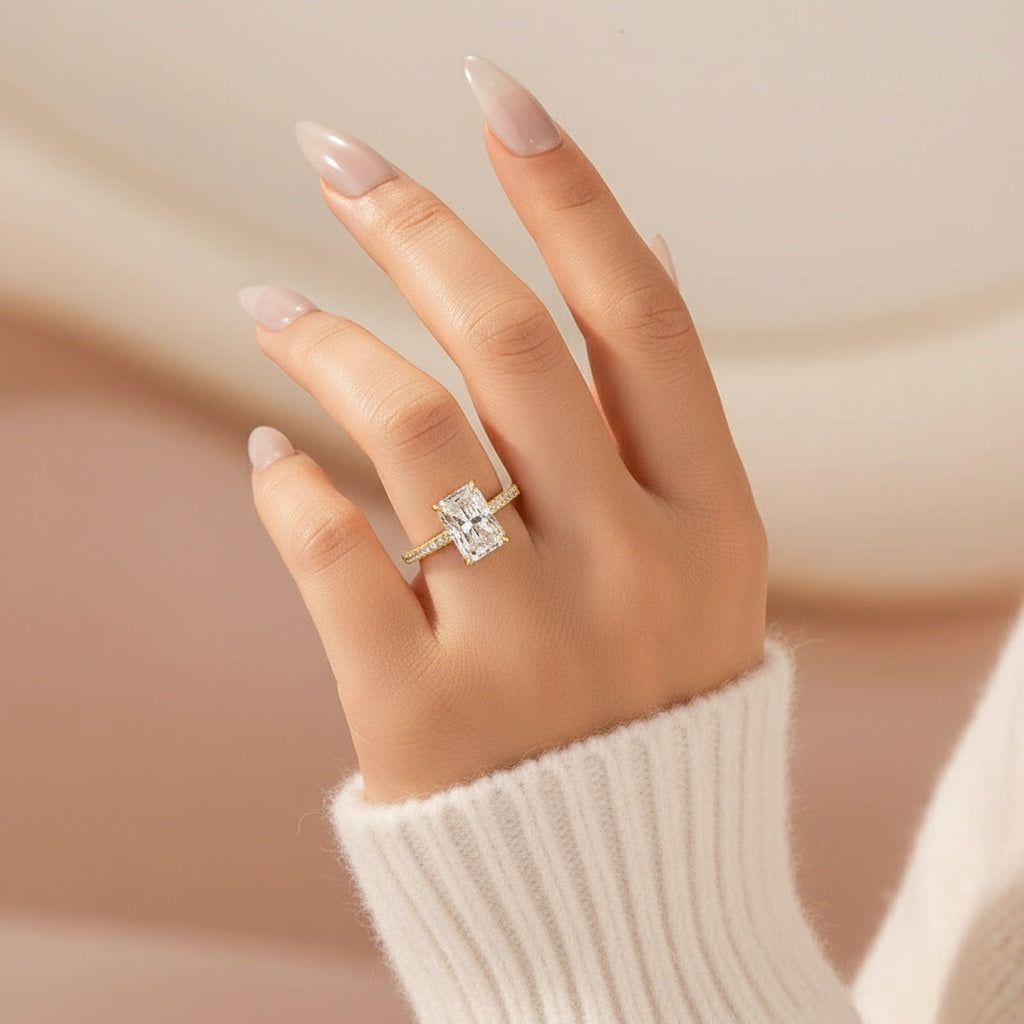 Aurevyn Moissanite 3.5Ct Radiant Cut Hidden Halo Engagement Ring in Sterling Silver