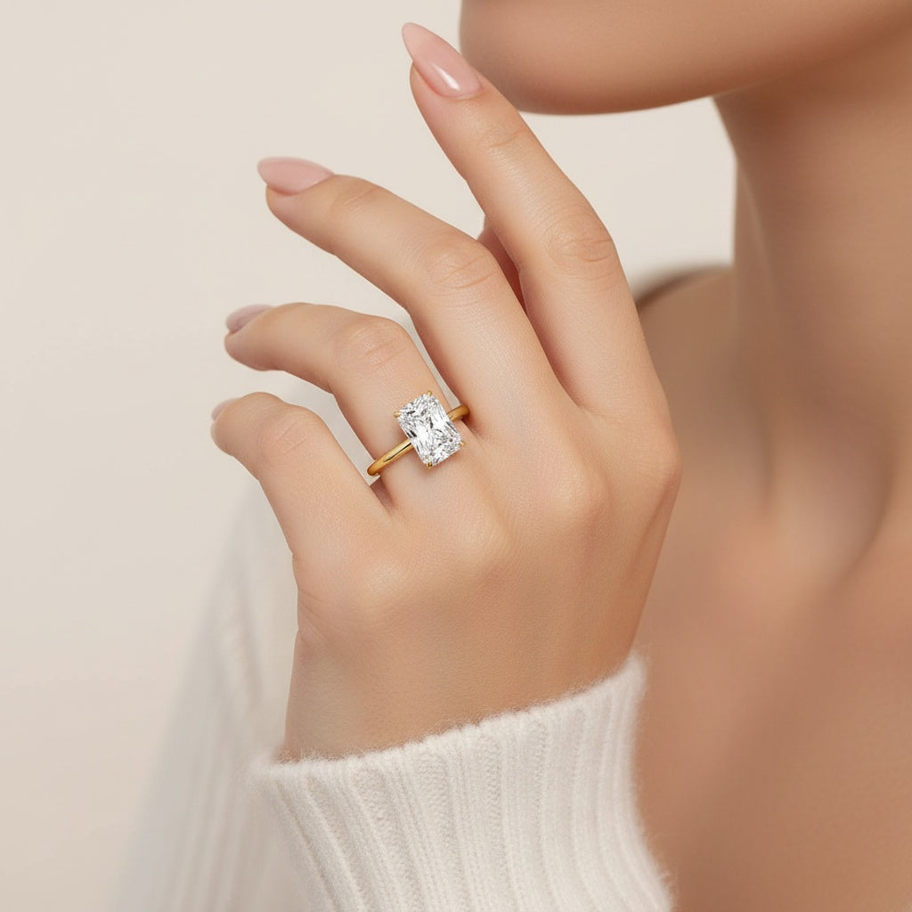 Aurevyn Moissanite 3.5Ct Radiant Cut Solitaire Yellow Gold Engagement Ring in Sterling Silver