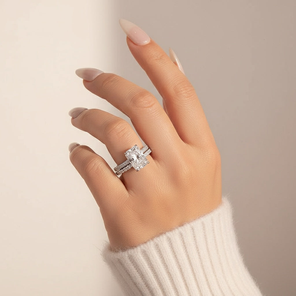 Aurevyn Moissanite 3.5Ct Radiant Cut White Gold Engagement Ring with Pavé Ring