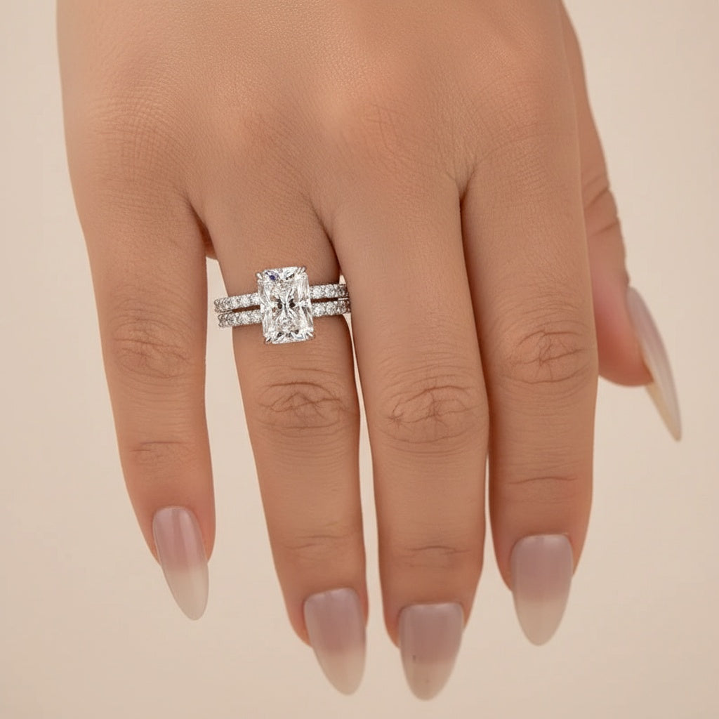 Aurevyn Moissanite 3.5Ct Radiant Cut White Gold Engagement Ring with Pavé Ring