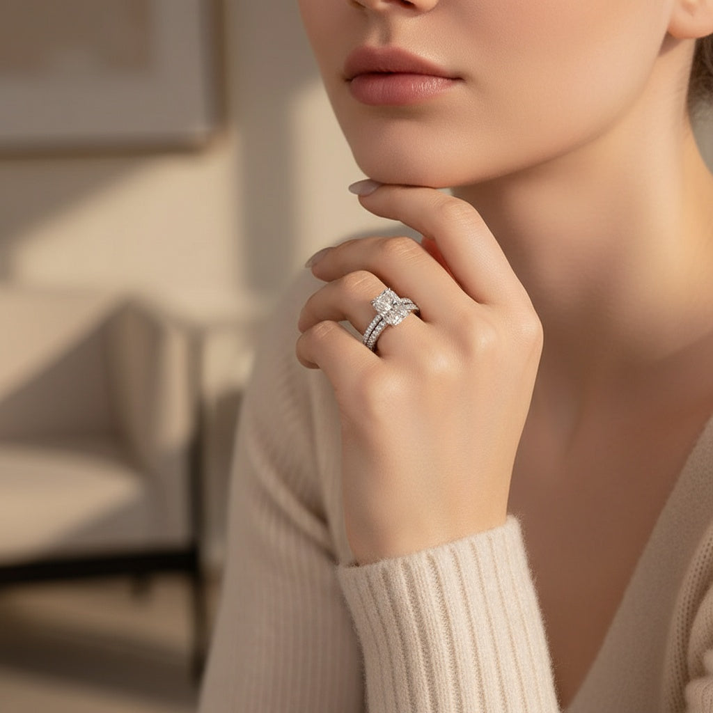 Aurevyn Moissanite 3.5Ct Radiant Cut White Gold Engagement Ring with Pavé Ring