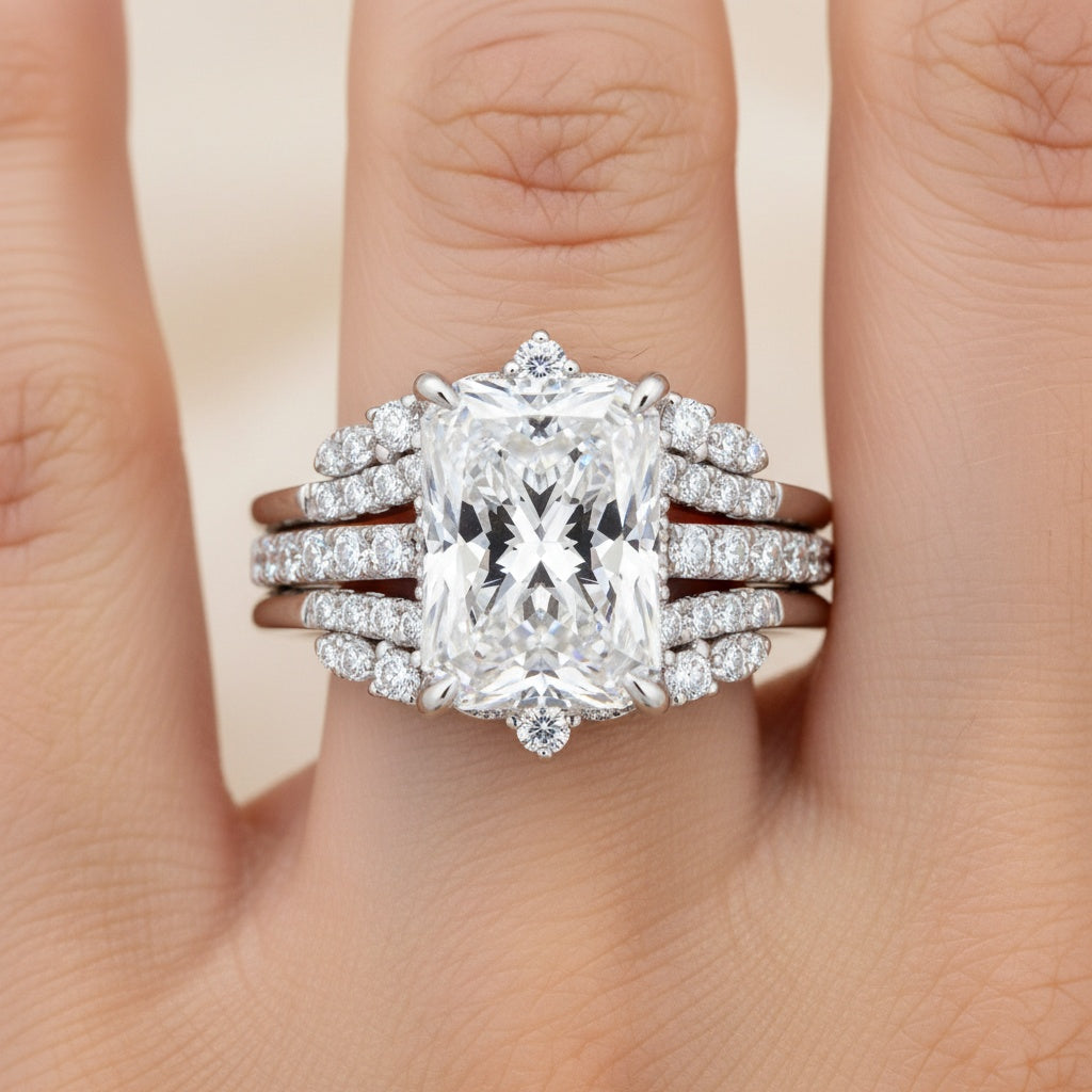 Aurevyn Moissanite 3.5Ct Radiant Cut White Gold Stack Wedding Ring with Jacket Wedding Band
