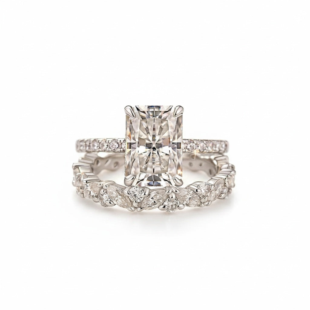 Aurevyn Moissanite 3.5Ct Radiant Cut White Gold Wedding Ring with Round & Marquise Cut Wedding Ring