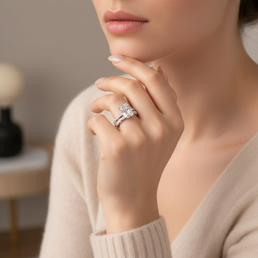 Aurevyn Moissanite 3.5Ct Radiant Cut White Gold Wedding Ring with Round & Marquise Cut Wedding Ring