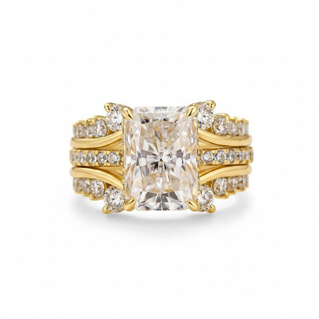 Aurevyn Moissanite 3.5Ct Radiant Cut Yellow Gold Wedding Ring with Enhancer Ring