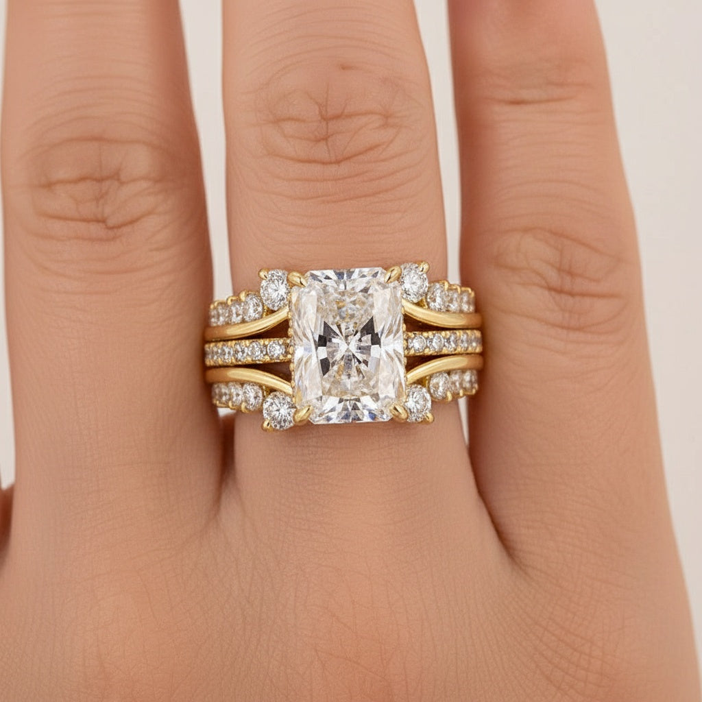 Aurevyn Moissanite 3.5Ct Radiant Cut Yellow Gold Wedding Ring with Enhancer Ring