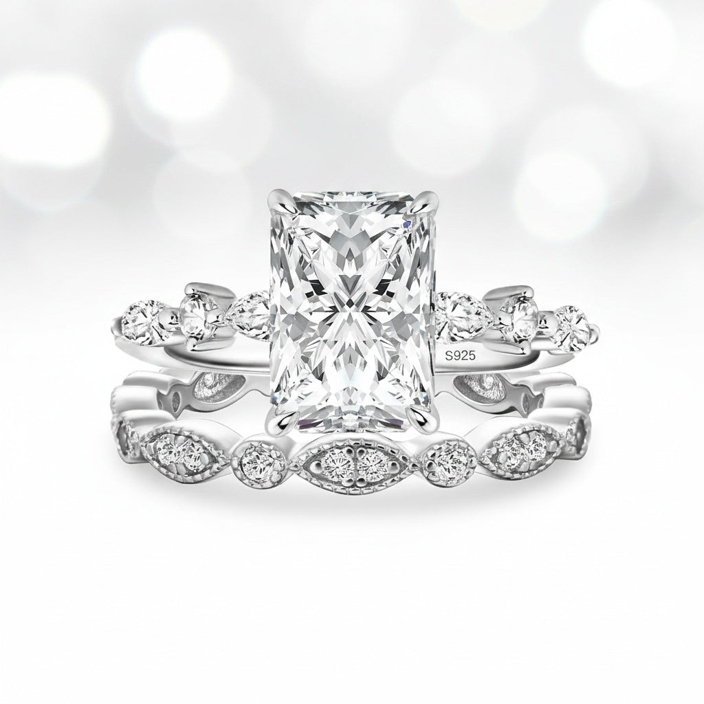 Aurevyn Moissanite 3.5Ct Side Stone Radiant Cut White Gold Wedding Ring Set