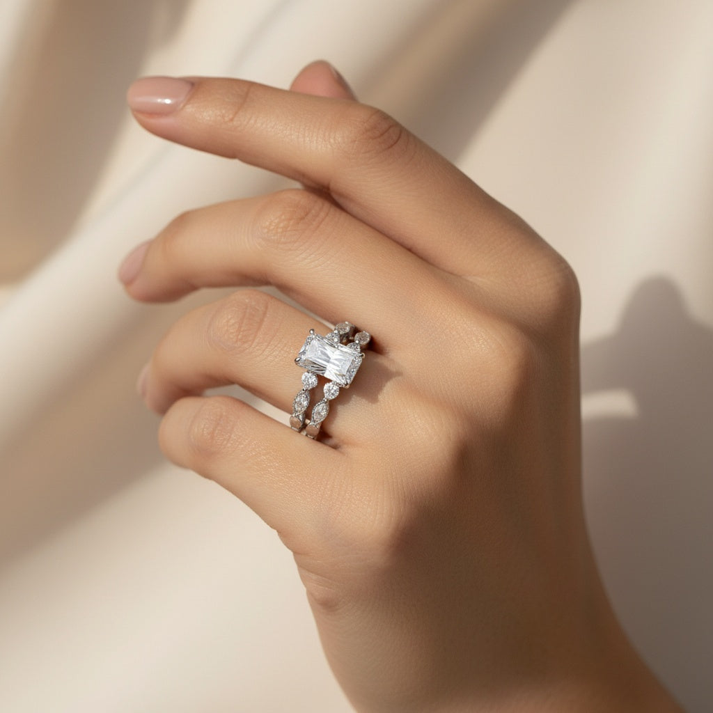 Aurevyn Moissanite 3.5Ct Side Stone Radiant Cut White Gold Wedding Ring Set