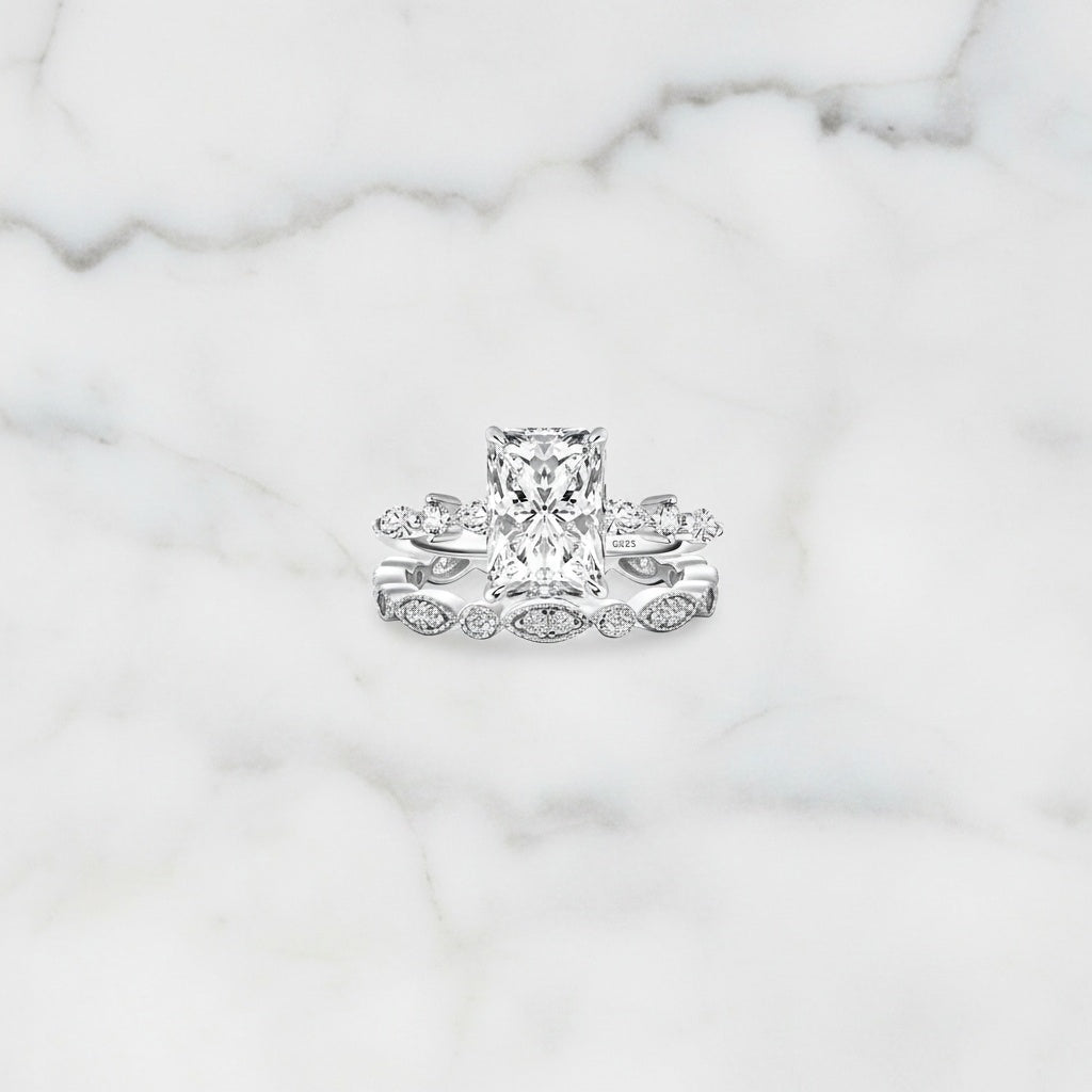 Aurevyn Moissanite 3.5Ct Side Stone Radiant Cut White Gold Wedding Ring Set