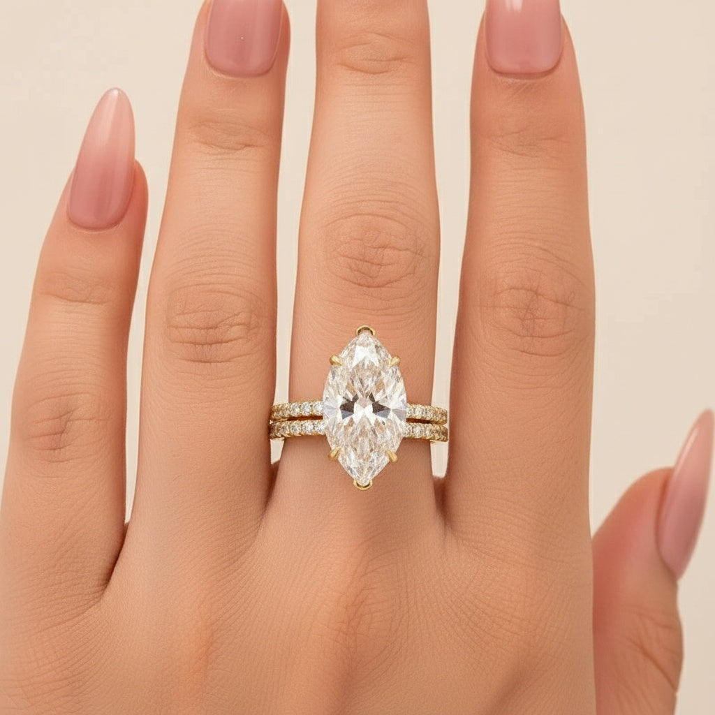 Aurevyn Moissanite 4.0 Ct Marquise Cut Yellow Gold Half-Coverage Wedding Set