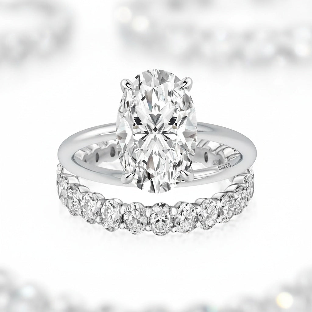 Aurevyn Moissanite 4.0 Ct Oval Cut White Gold Engagement Ring with Oval Cut Eternity Ring