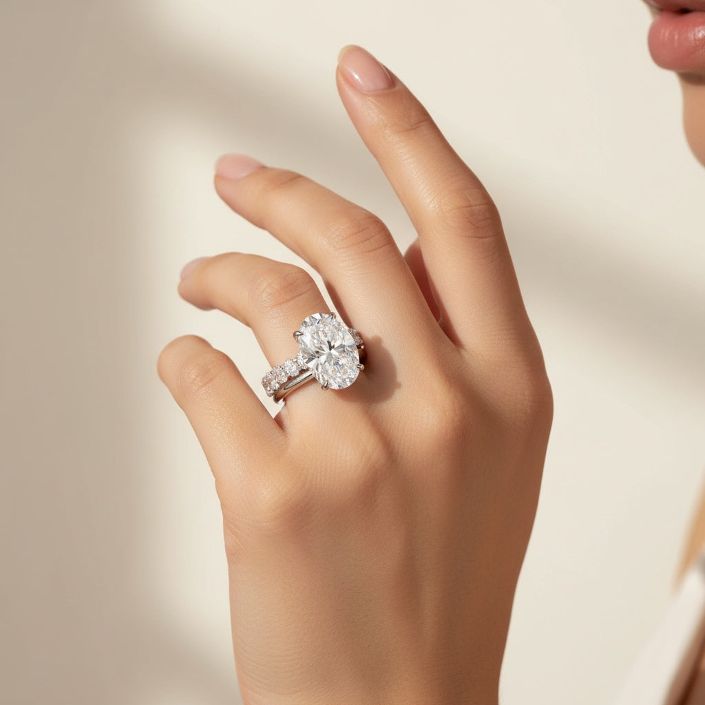 Aurevyn Moissanite 4.0 Ct Oval Cut White Gold Engagement Ring with Oval Cut Eternity Ring