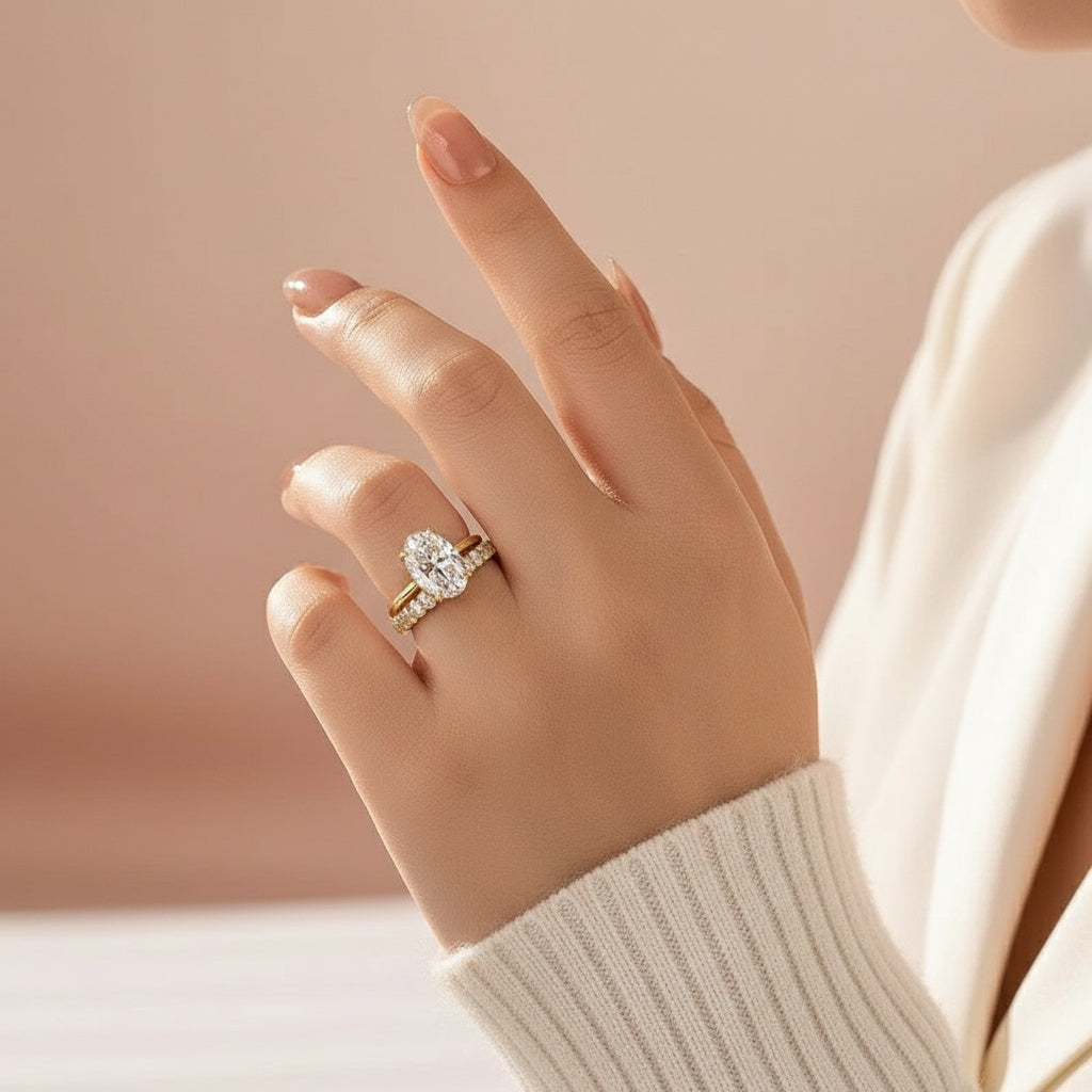 Aurevyn Moissanite 4.0 Ct Oval Cut Yellow Gold Engagement Ring with Oval Cut Eternity Ring