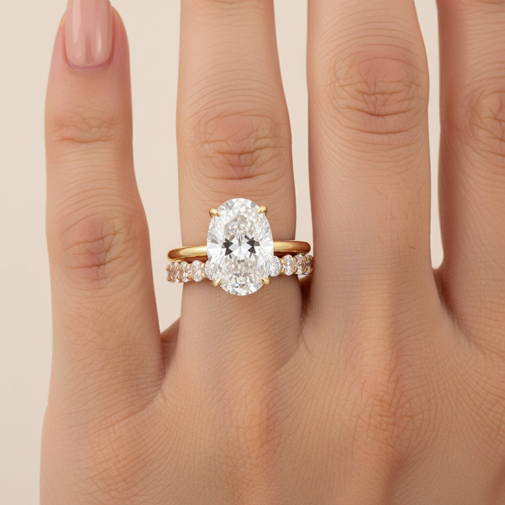 Aurevyn Moissanite 4.0 Ct Oval Cut Yellow Gold Engagement Ring with Oval Cut Eternity Ring