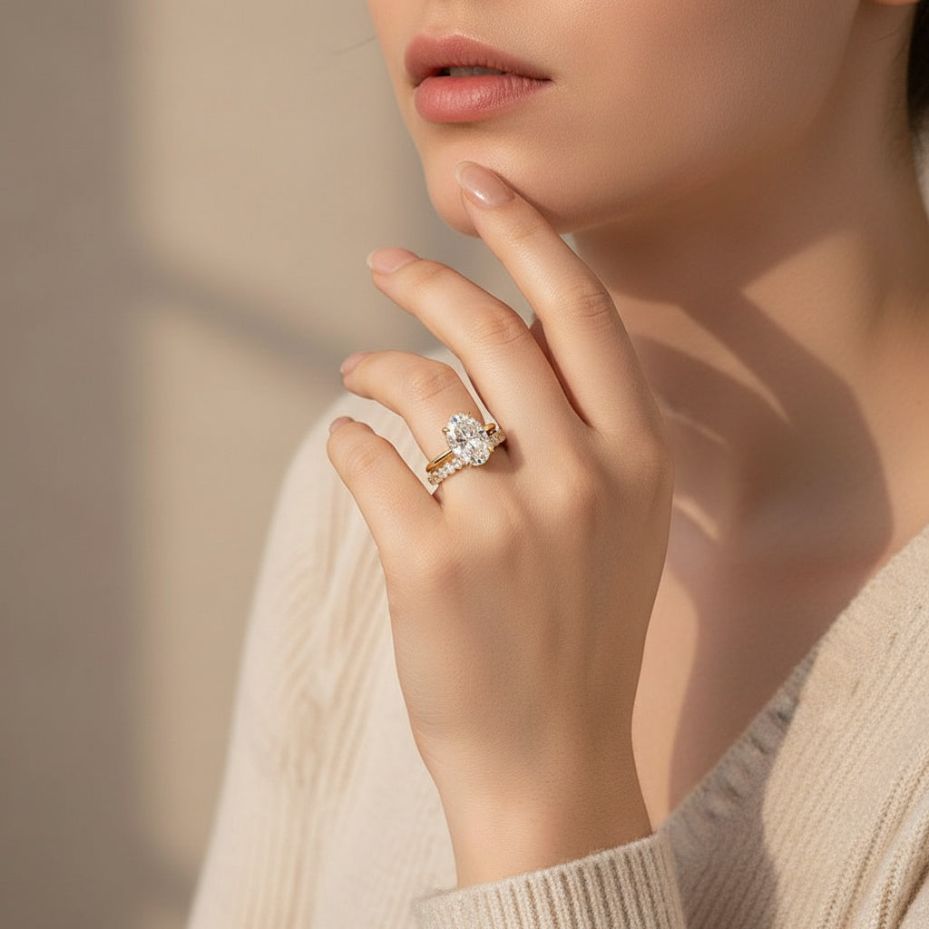 Aurevyn Moissanite 4.0 Ct Oval Cut Yellow Gold Engagement Ring with Oval Cut Eternity Ring