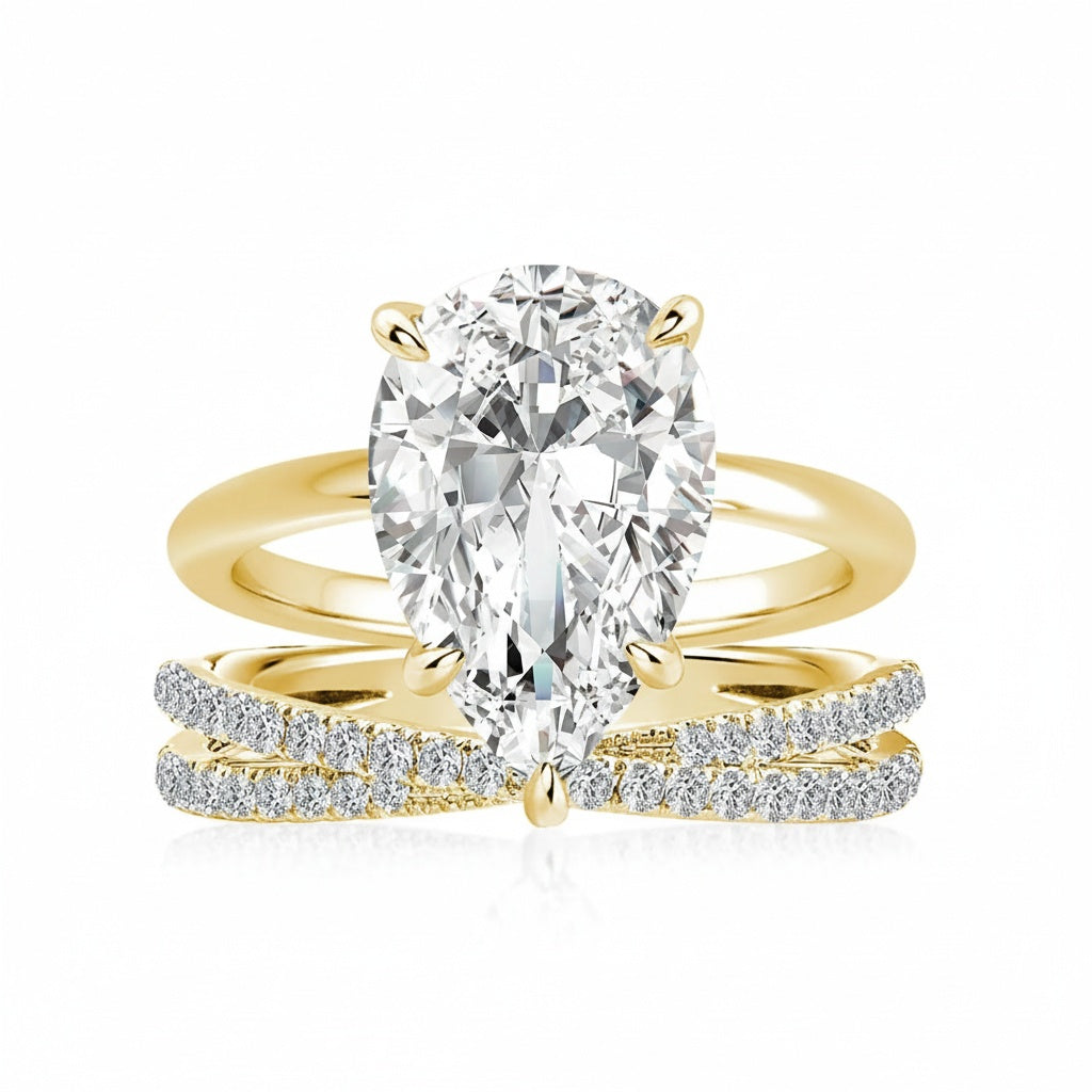 Aurevyn Moissanite 4.0 Ct Pear Cut Yellow Gold Wedding Ring With X Criss Cross Wedding Band