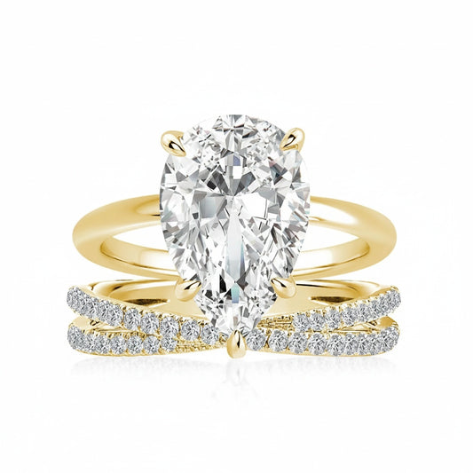 Aurevyn Moissanite 4.0 Ct Pear Cut Yellow Gold Wedding Ring With X Criss Cross Wedding Band