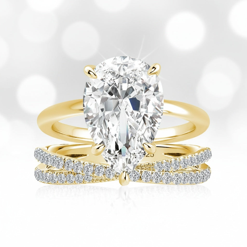 Aurevyn Moissanite 4.0 Ct Pear Cut Yellow Gold Wedding Ring With X Criss Cross Wedding Band