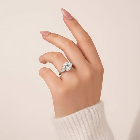 Aurevyn Moissanite 4.0 Ct Round Cut White Gold Engagement Ring with Pear Cut Side Stone