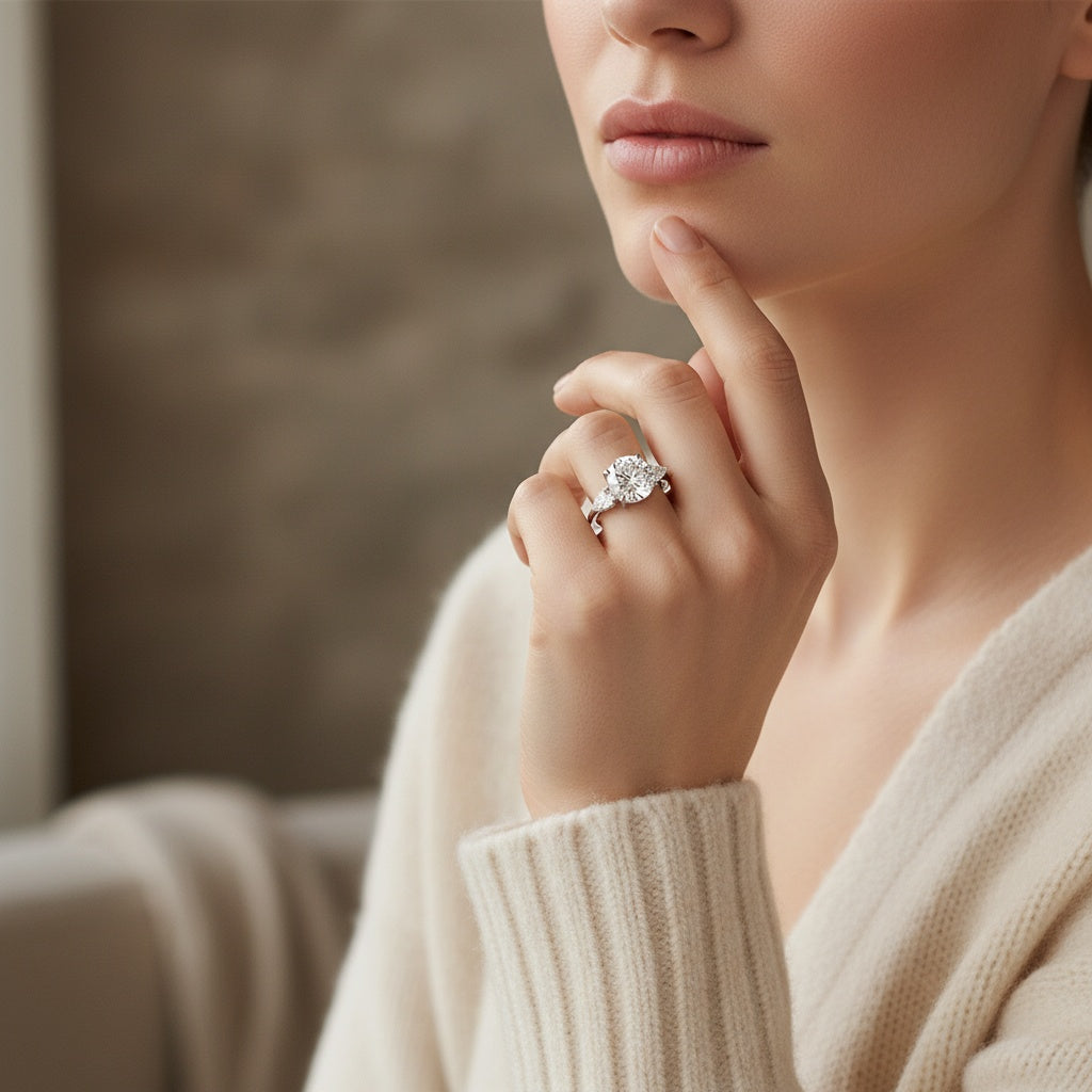 Aurevyn Moissanite 4.0 Ct Round Cut White Gold Engagement Ring with Pear Cut Side Stone