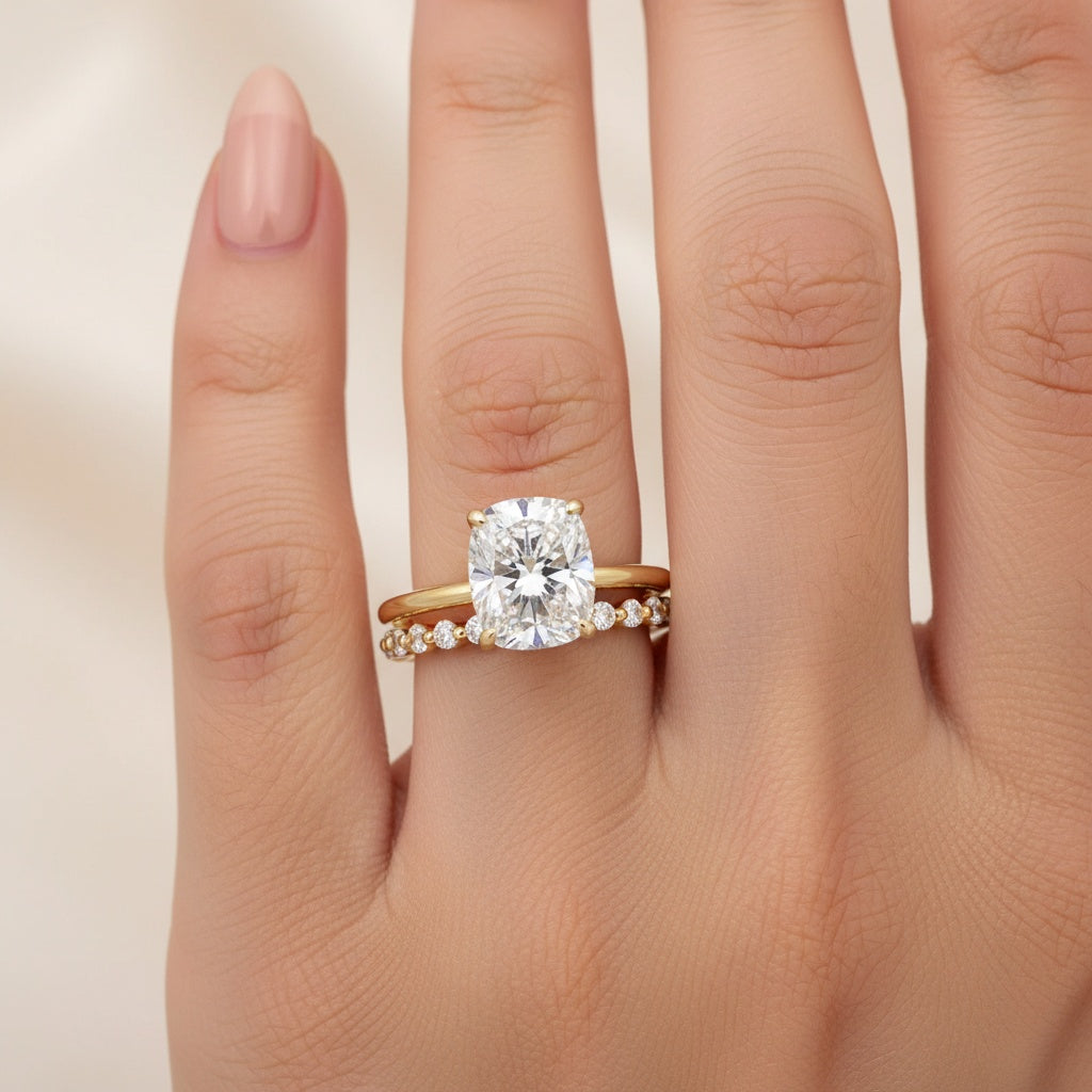 Aurevyn Moissanite 4.0 Ct Solitaire Cushion Cut Yellow Gold Wedding Set