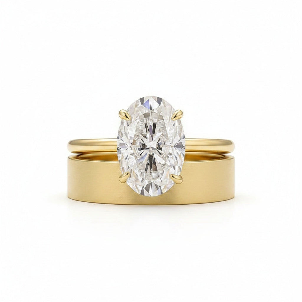 Aurevyn Moissanite 4.0 Ct Solitaire Oval Cut Yellow Gold Wedding Ring Set with Wide Band