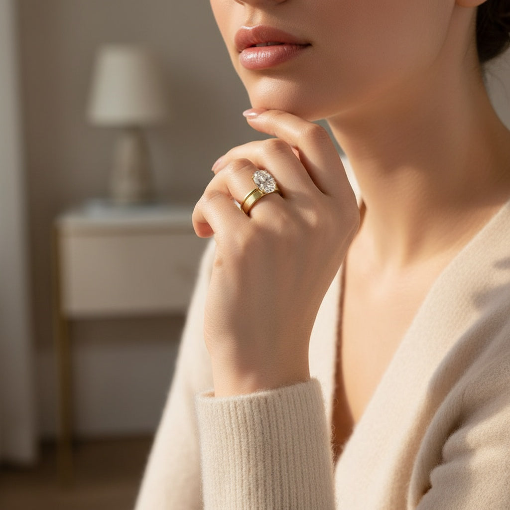 Aurevyn Moissanite 4.0 Ct Solitaire Oval Cut Yellow Gold Wedding Ring Set with Wide Band