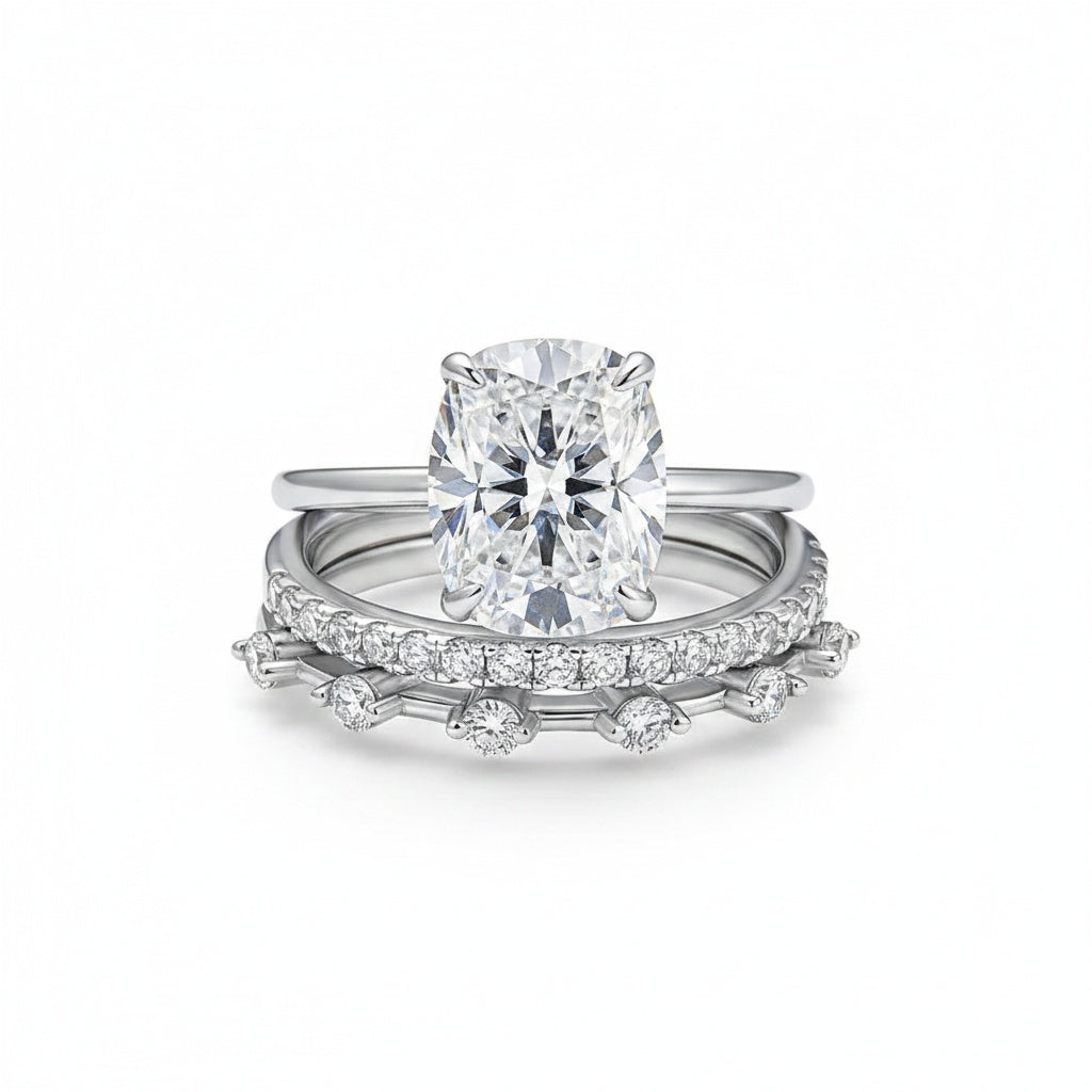 Aurevyn Moissanite 4.0Ct Cushion Cut Solitaire White Gold 3PC Wedding Ring Set