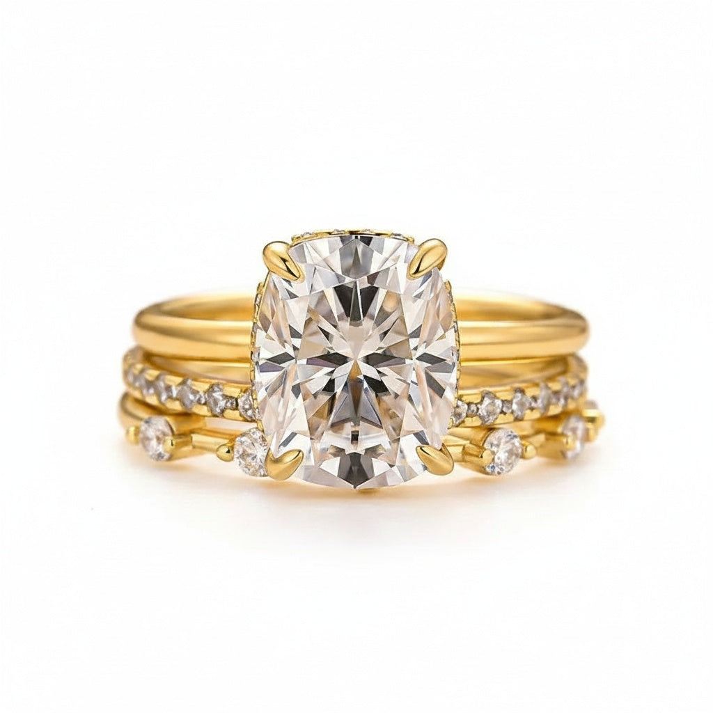 Aurevyn Moissanite 4.0Ct Cushion Cut Solitaire Yellow Gold 3PC Wedding Ring Set