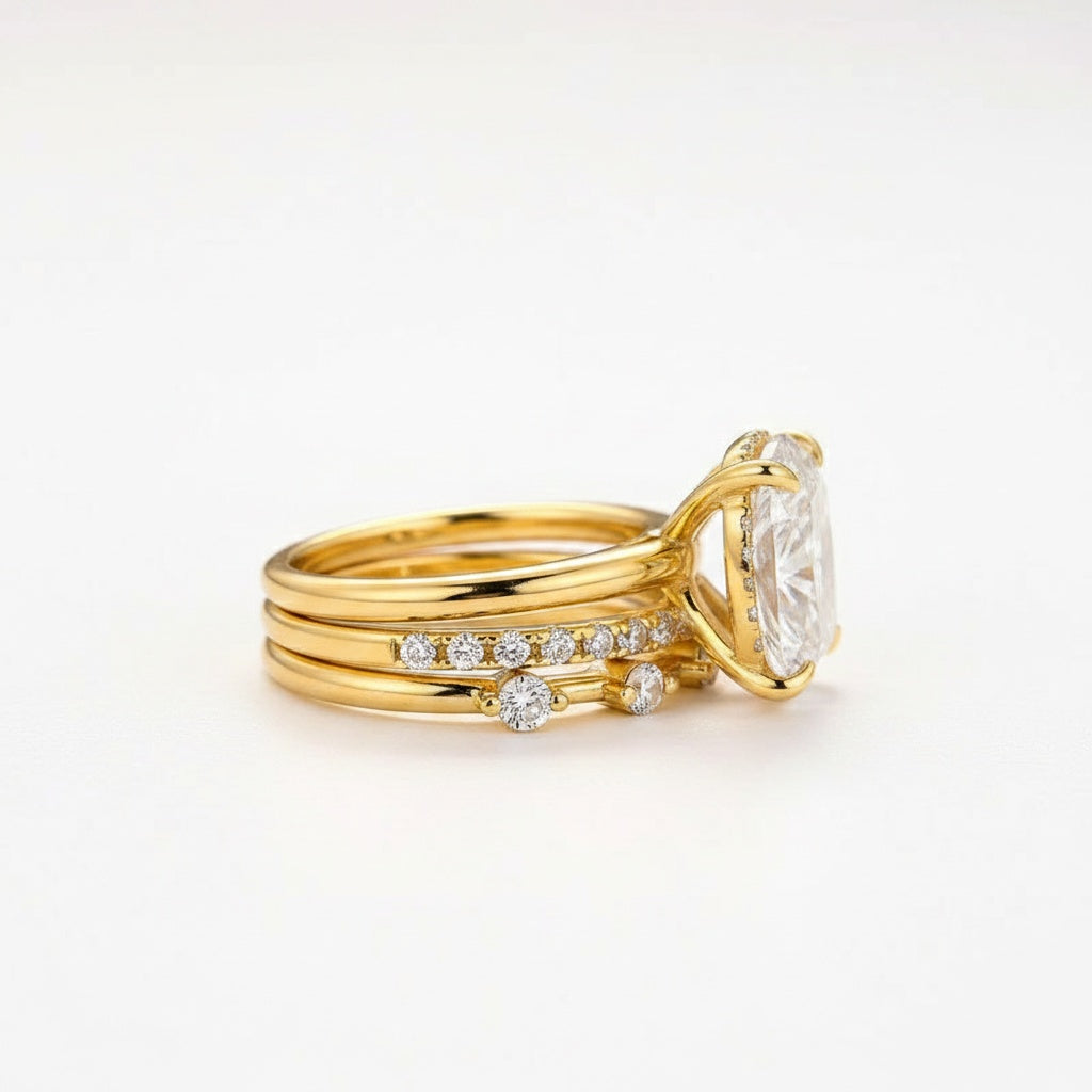 Aurevyn Moissanite 4.0Ct Cushion Cut Solitaire Yellow Gold 3PC Wedding Ring Set