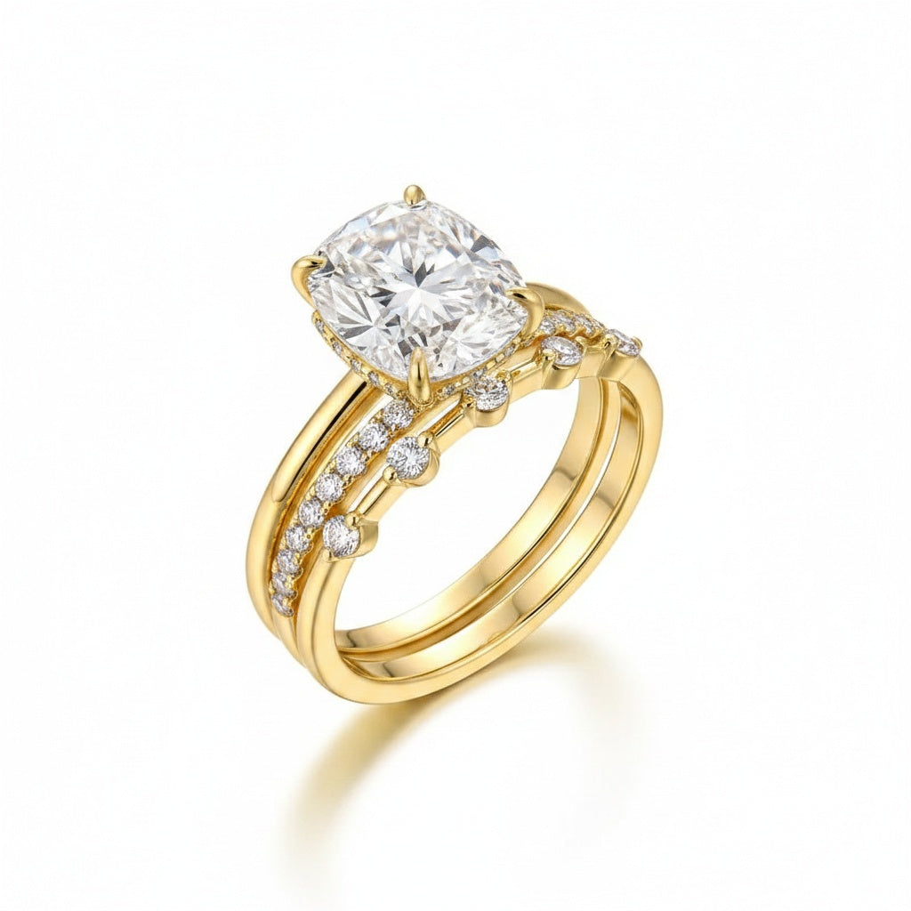 Aurevyn Moissanite 4.0Ct Cushion Cut Solitaire Yellow Gold 3PC Wedding Ring Set