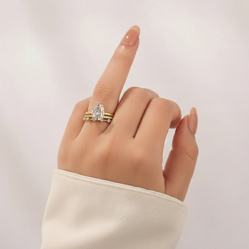 Aurevyn Moissanite 4.0Ct Cushion Cut Solitaire Yellow Gold 3PC Wedding Ring Set