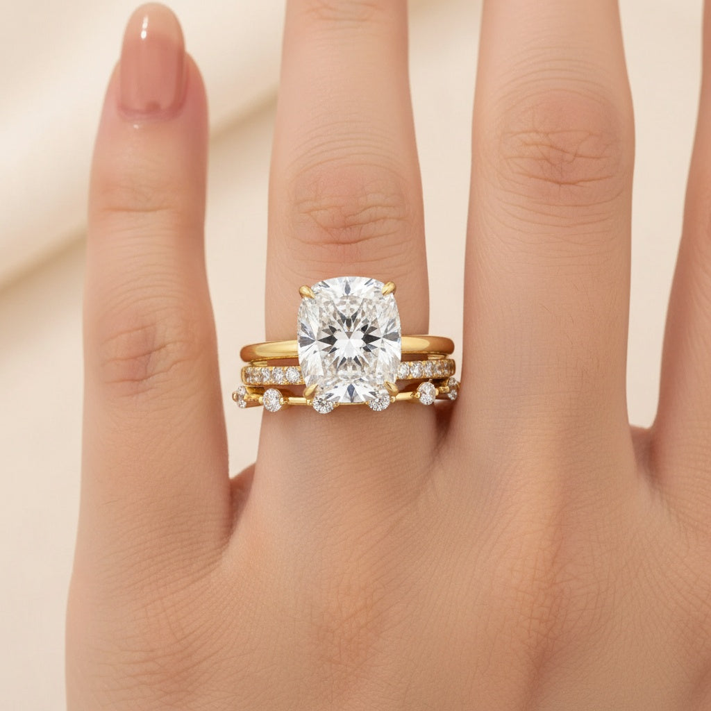 Aurevyn Moissanite 4.0Ct Cushion Cut Solitaire Yellow Gold 3PC Wedding Ring Set