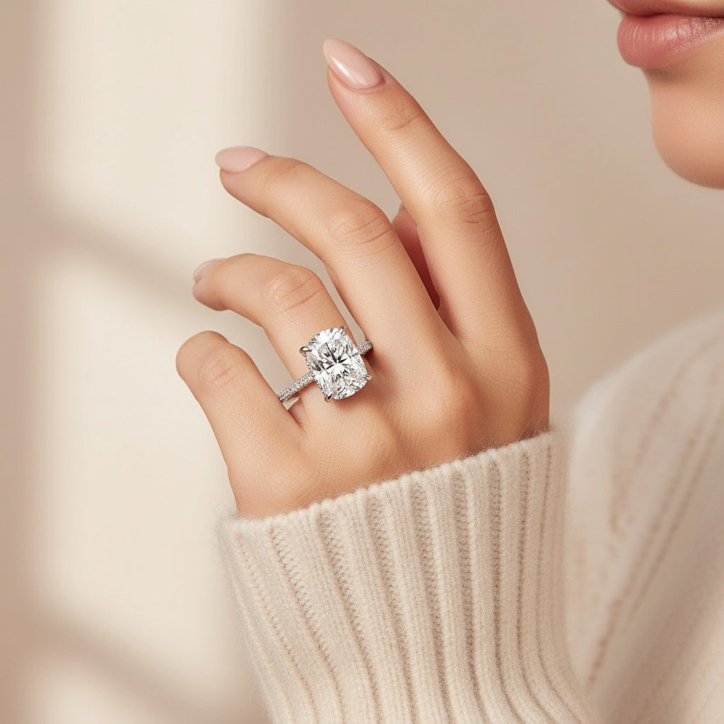 Aurevyn Moissanite 4.0Ct Cushion Cut White Gold Engagement Ring