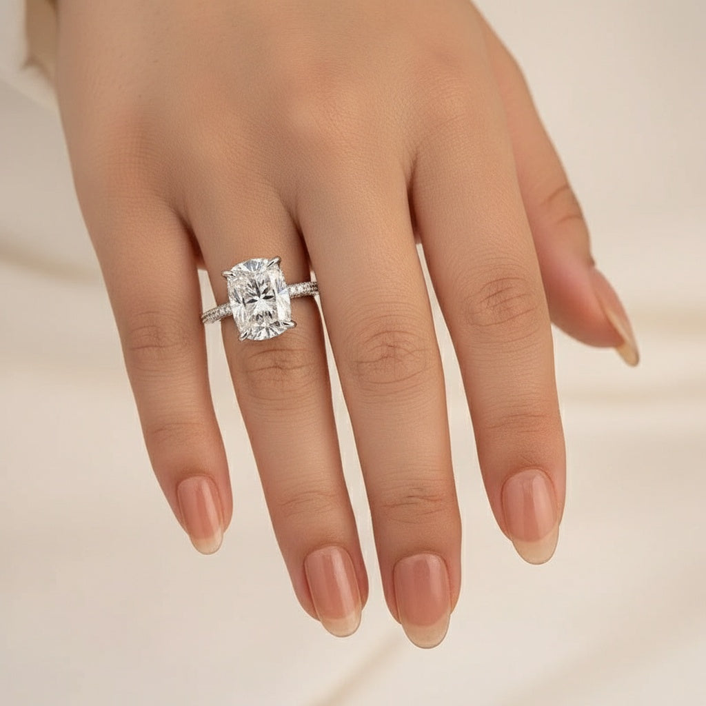 Aurevyn Moissanite 4.0Ct Cushion Cut White Gold Engagement Ring
