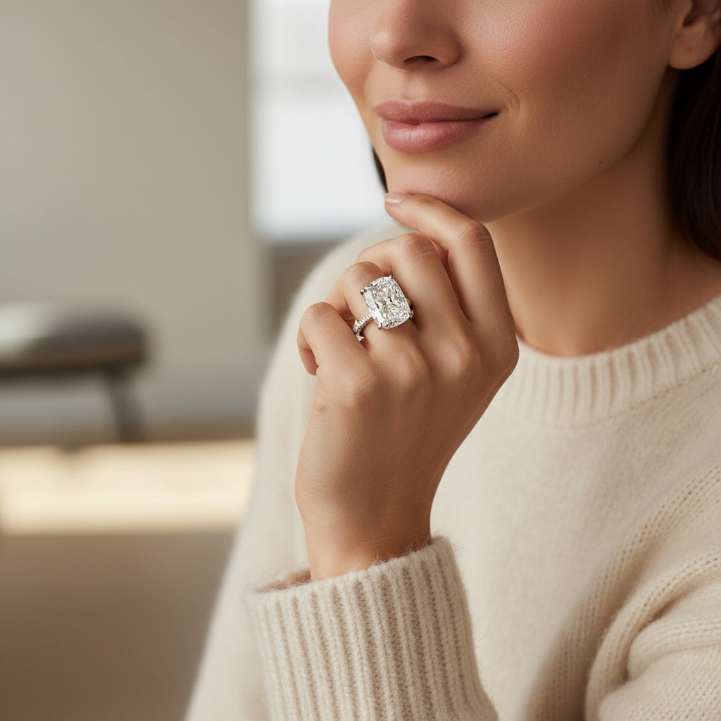 Aurevyn Moissanite 4.0Ct Cushion Cut White Gold Engagement Ring