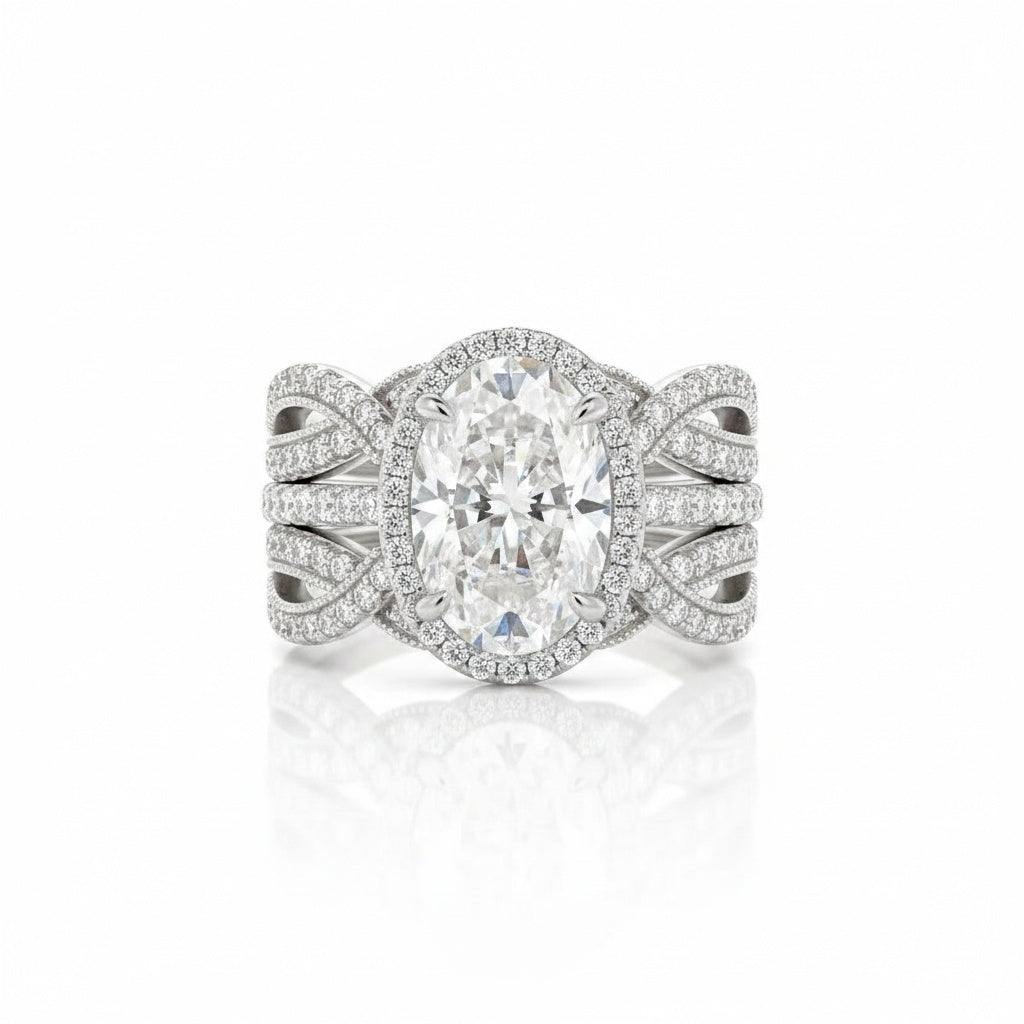 Aurevyn Moissanite 4.0Ct Halo Oval Cut White Gold Stack Wedding Ring with Enhancer Wedding Band