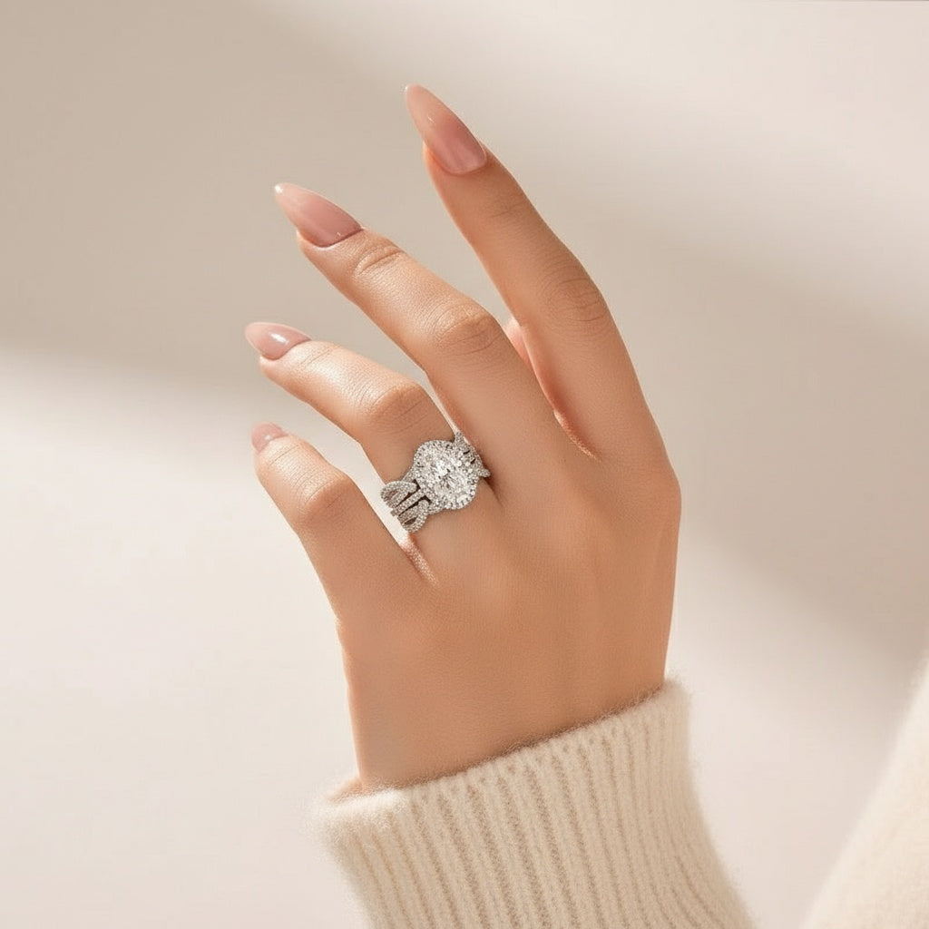 Aurevyn Moissanite 4.0Ct Halo Oval Cut White Gold Stack Wedding Ring with Enhancer Wedding Band