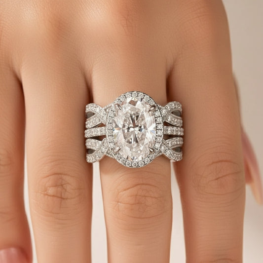 Aurevyn Moissanite 4.0Ct Halo Oval Cut White Gold Stack Wedding Ring with Enhancer Wedding Band