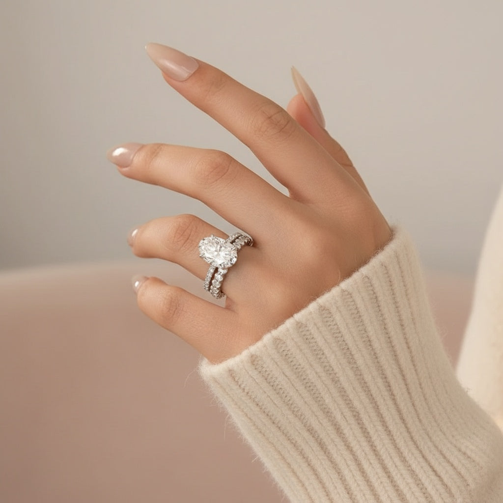 Aurevyn Moissanite 4.0Ct Hidden Halo Oval Cut White Gold Engagement Ring with 3.0Ct Oval Cut Wedding Band