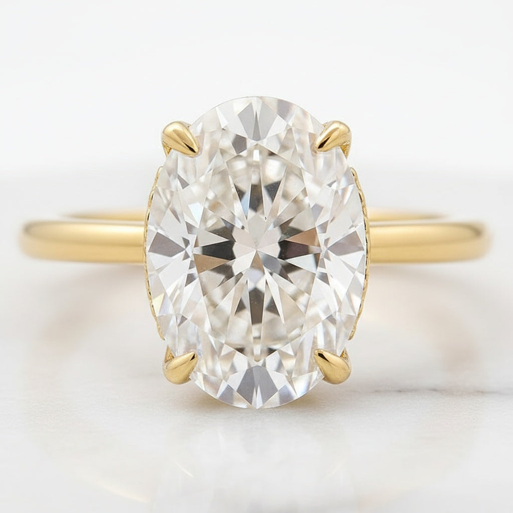 Aurevyn Moissanite 4.0Ct Hidden Halo Oval Cut Yellow Gold Engagement Ring with 3.0Ct Oval Cut Wedding Band