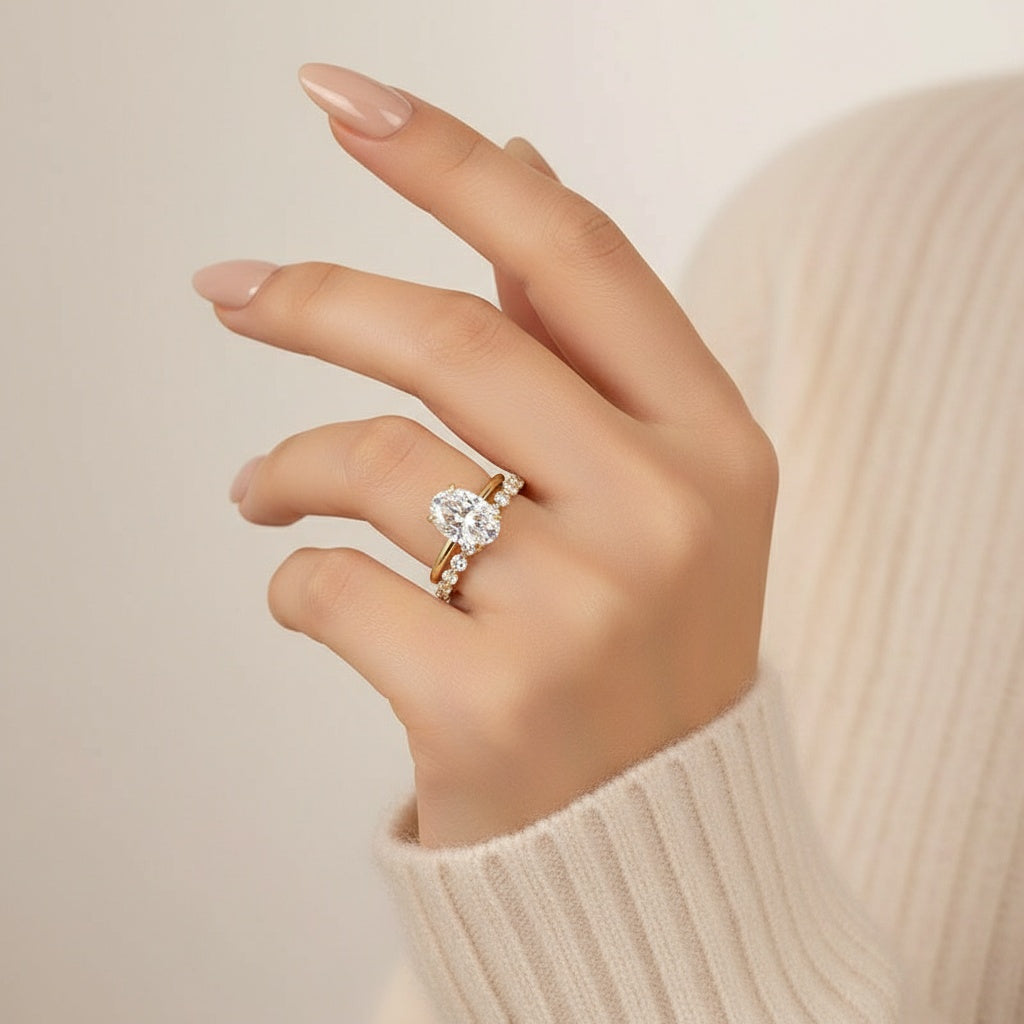 Aurevyn Moissanite 4.0Ct Hidden Halo Oval Cut Yellow Gold Engagement Ring with 3.0Ct Oval Cut Wedding Band