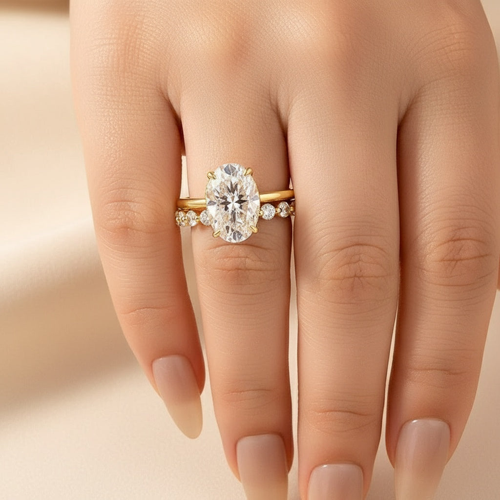 Aurevyn Moissanite 4.0Ct Hidden Halo Oval Cut Yellow Gold Engagement Ring with 3.0Ct Oval Cut Wedding Band