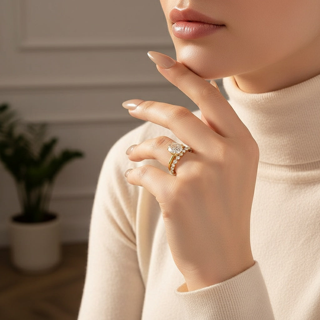 Aurevyn Moissanite 4.0Ct Hidden Halo Oval Cut Yellow Gold Engagement Ring with 3.0Ct Oval Cut Wedding Band