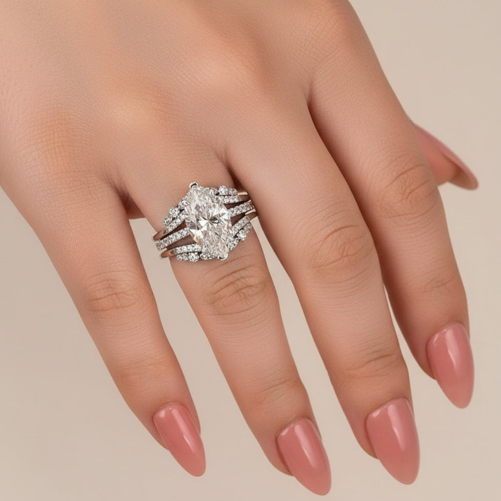 Aurevyn Moissanite 4.0Ct Marquise Cut White Gold Stack Wedding Ring with Jacket Wedding Band