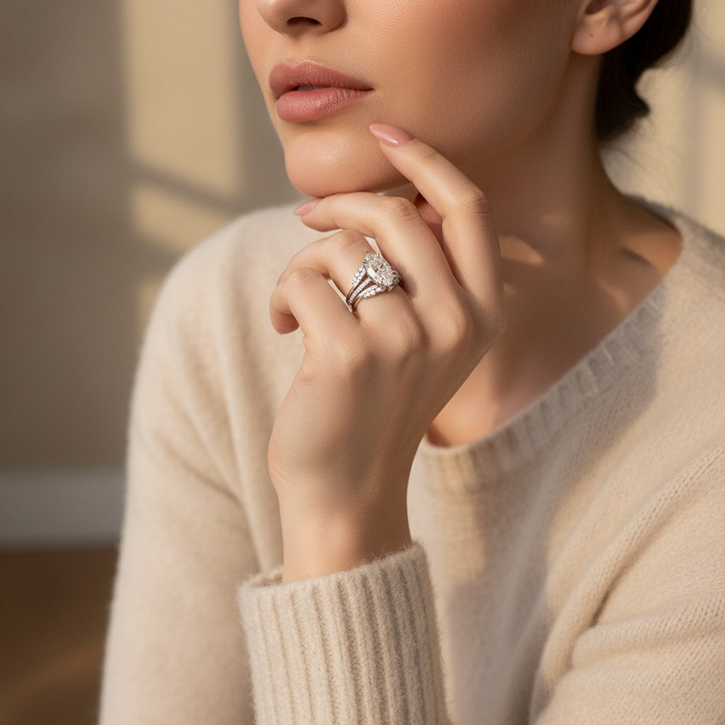 Aurevyn Moissanite 4.0Ct Marquise Cut White Gold Stack Wedding Ring with Jacket Wedding Band