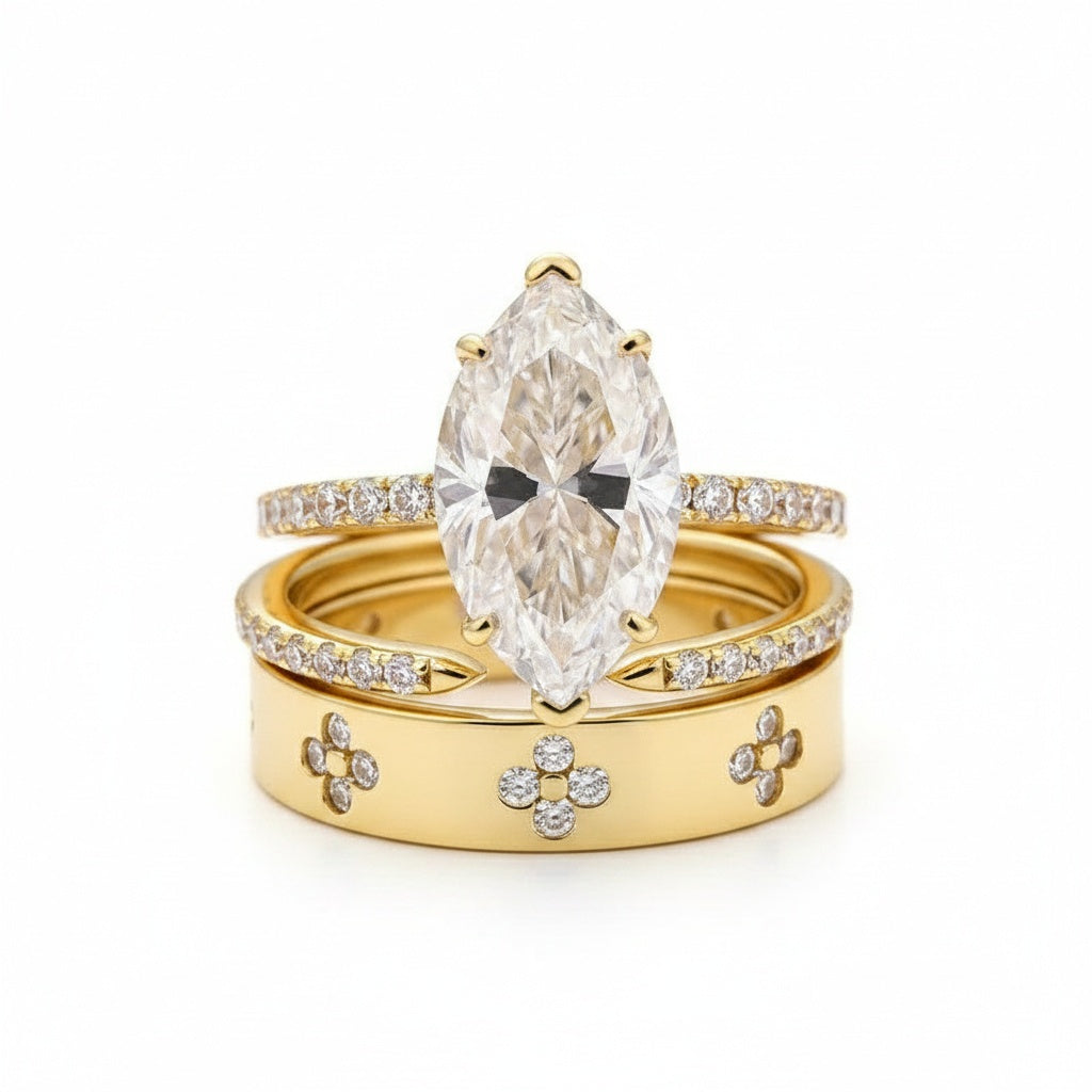 Aurevyn Moissanite 4.0Ct Marquise Cut Yellow Gold Open Clover Wide Wedding Ring