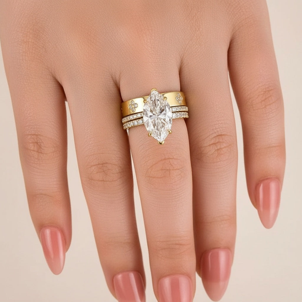 Aurevyn Moissanite 4.0Ct Marquise Cut Yellow Gold Open Clover Wide Wedding Ring