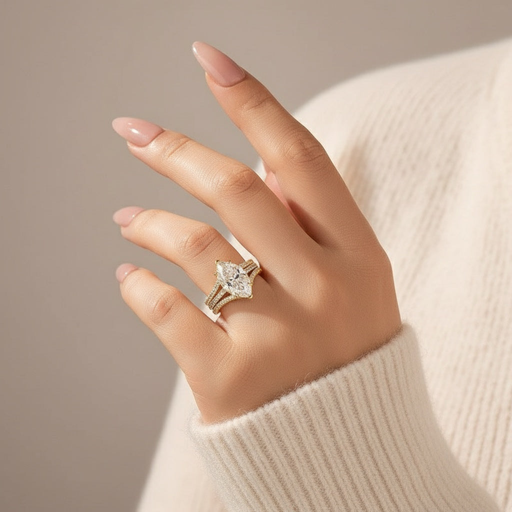 Aurevyn Moissanite 4.0Ct Marquise Cut Yellow Gold Wedding Ring with V Contour Wedding Band