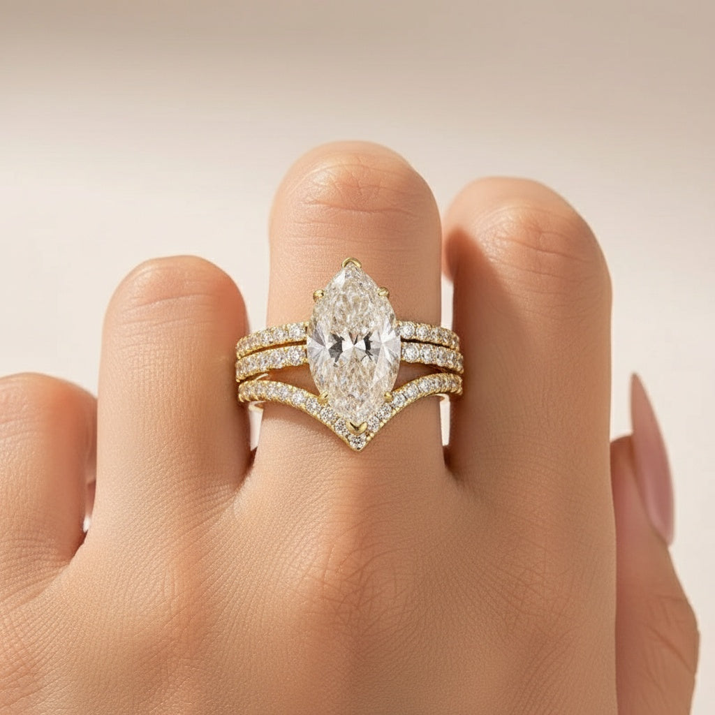 Aurevyn Moissanite 4.0Ct Marquise Cut Yellow Gold Wedding Ring with V Contour Wedding Band